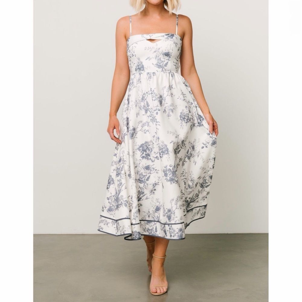Baltic Born White Floral Midi Dress with Blue Print